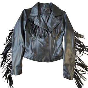 Rue21 Black Faux Leather Fringe Moto Jacket Women's Size Small Biker Style